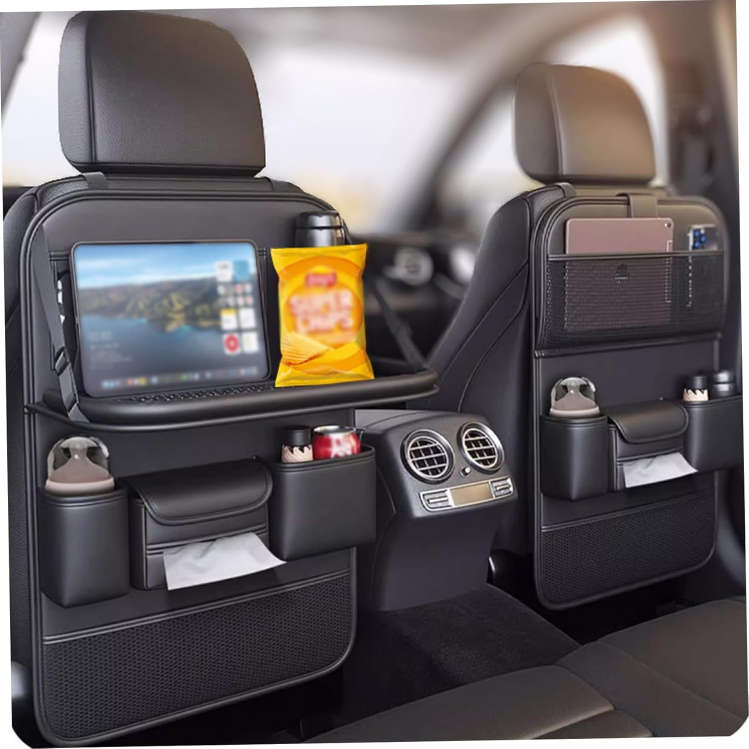 Car Seat Organizer for Backseat - Leather Seat Back Protector with Foldable Tray, Tablet Holder & Kick Mats, Multi-Function Travel Storage Organizer for Kids, Family, SUVs, Trucks and Minivans P