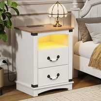 Vabches LED Nightstand with Charging Station, Farmhouse Bedside Table with Ceramic Handle and 2 Drawers for Bedroom Sofa