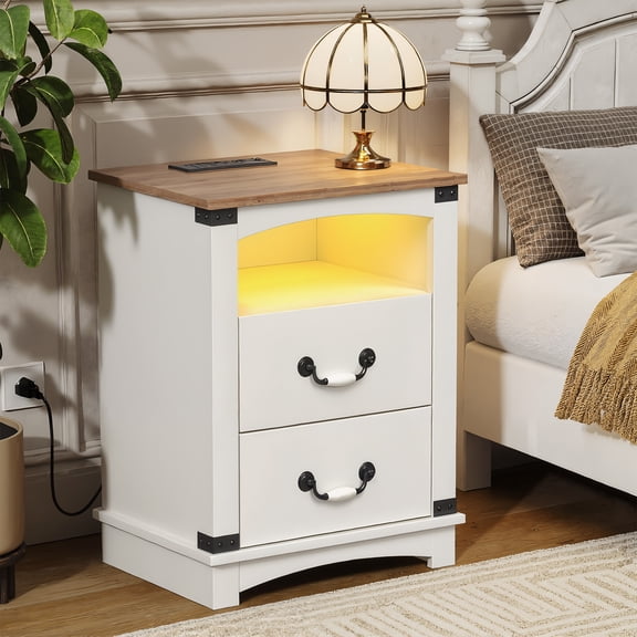 Vabches LED Nightstand with Charging Station, Farmhouse Bedside Table with Ceramic Handle and 2 Drawers for Bedroom Sofa