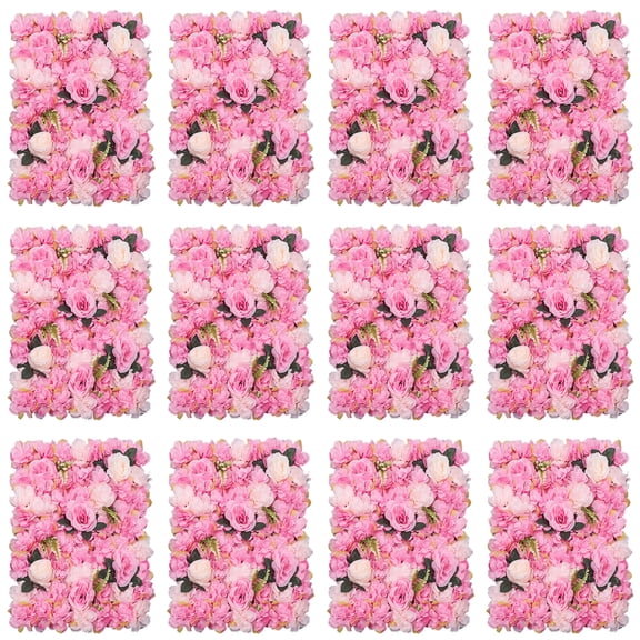 12 Pcs Wedding Pink Flower Wall Panel Set, Handmade Artificial Dahlia Rose, Dark Pink, Simple, 24x16 inch, Waterproof, Indoor Decoration