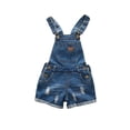 thumbnail image 1 of KIDSCOOL SPACE Baby Girl Ripped Denim Shortall Overalls Workwear Female, Deep Blue, 2-3 Years, 1 of 7