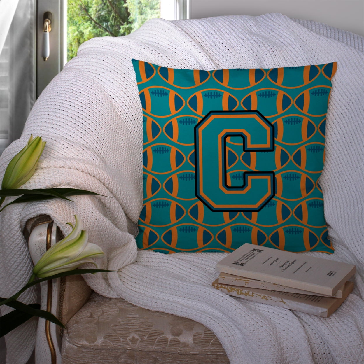 Letter C Football Aqua, Orange and Marine Blue Fabric Decorative Pillow