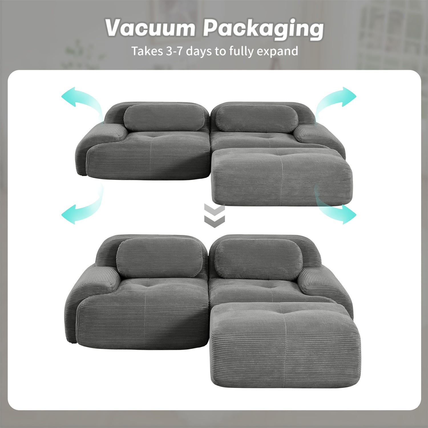 Hommoo 82" Luxury Corduroy Fabric Modular L-shaped Sofa, Multiple Combinations 2 Seater Sectional Sofa Couches with Curved Armrests, for Living Room Apartment, Grey