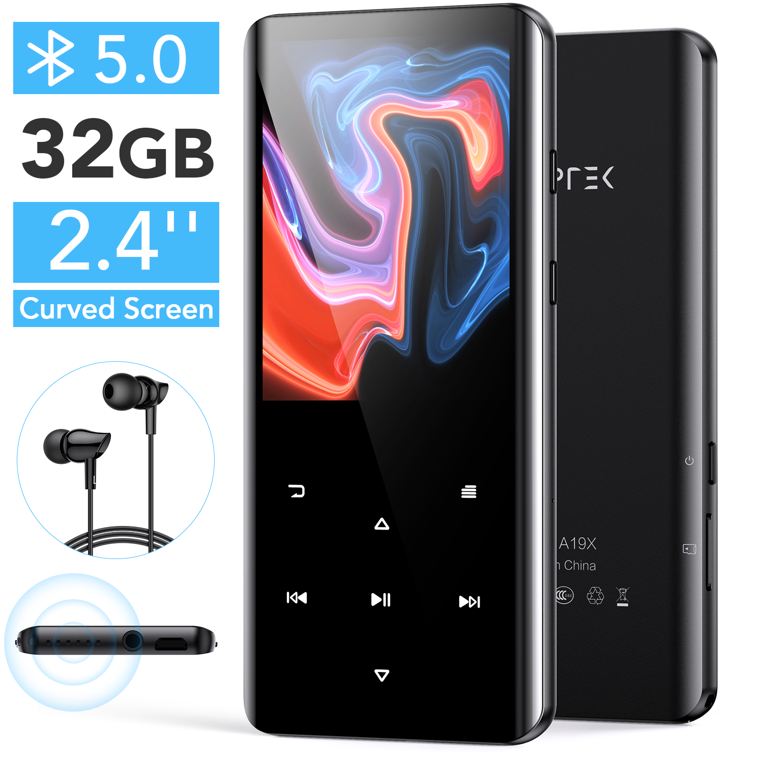 32GB MP3 Player with Bluetooth 5.0, AGPTEK 2.4" Curved Screen Music