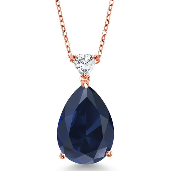 Gem Stone King 13.40 Ct Pear Shape Blue Created Sapphire 18K Rose Gold Plated Silver Pendant with Chain