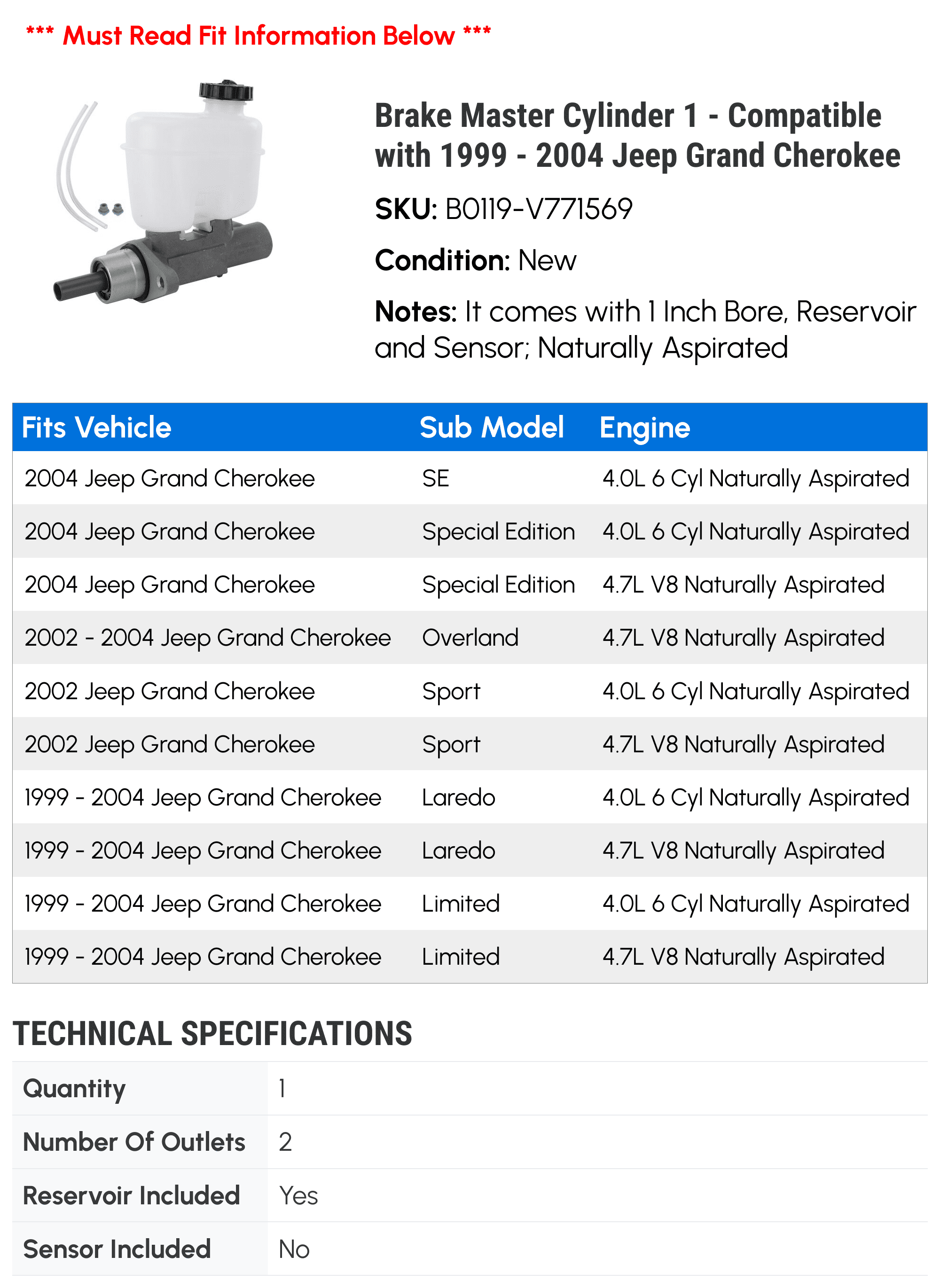 Brake Master Cylinder 1 - Compatible with 1999 - 2004 Jeep Grand Cherokee 2000 2001 2002 2003