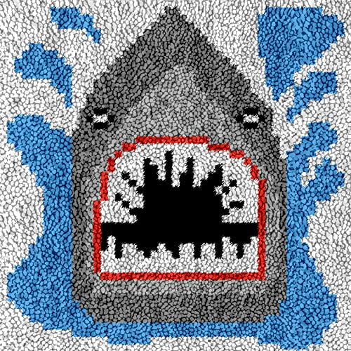 Latch Hook Kits Rug for Kids Cartoon Shark Printed Canvas DIY Handmade Carpet Crochet Yarn Embroidery Needlework Hook Latch Kit Rug Cover Christmas Home Decoration 30x30cm