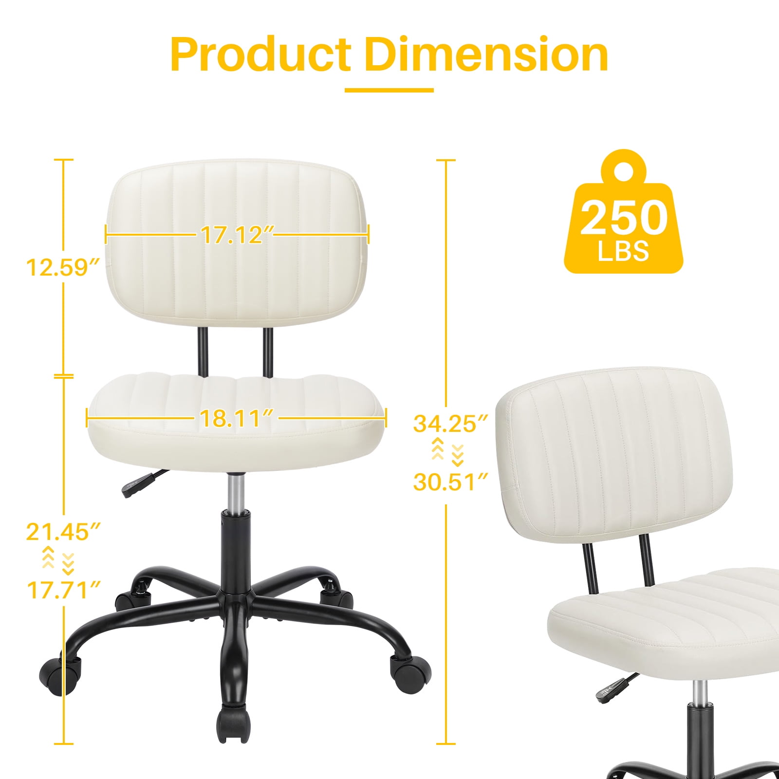 Cute Task Chair, Adjustable Armless Activity Chair with Wheels, Comfy Low Back Swivel Desk Chair, White