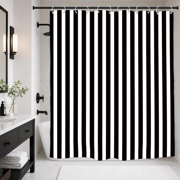Black And White Striped Shower Curtain Waterproof Fabric Bathroom Decor with Hooks 71x71 inches