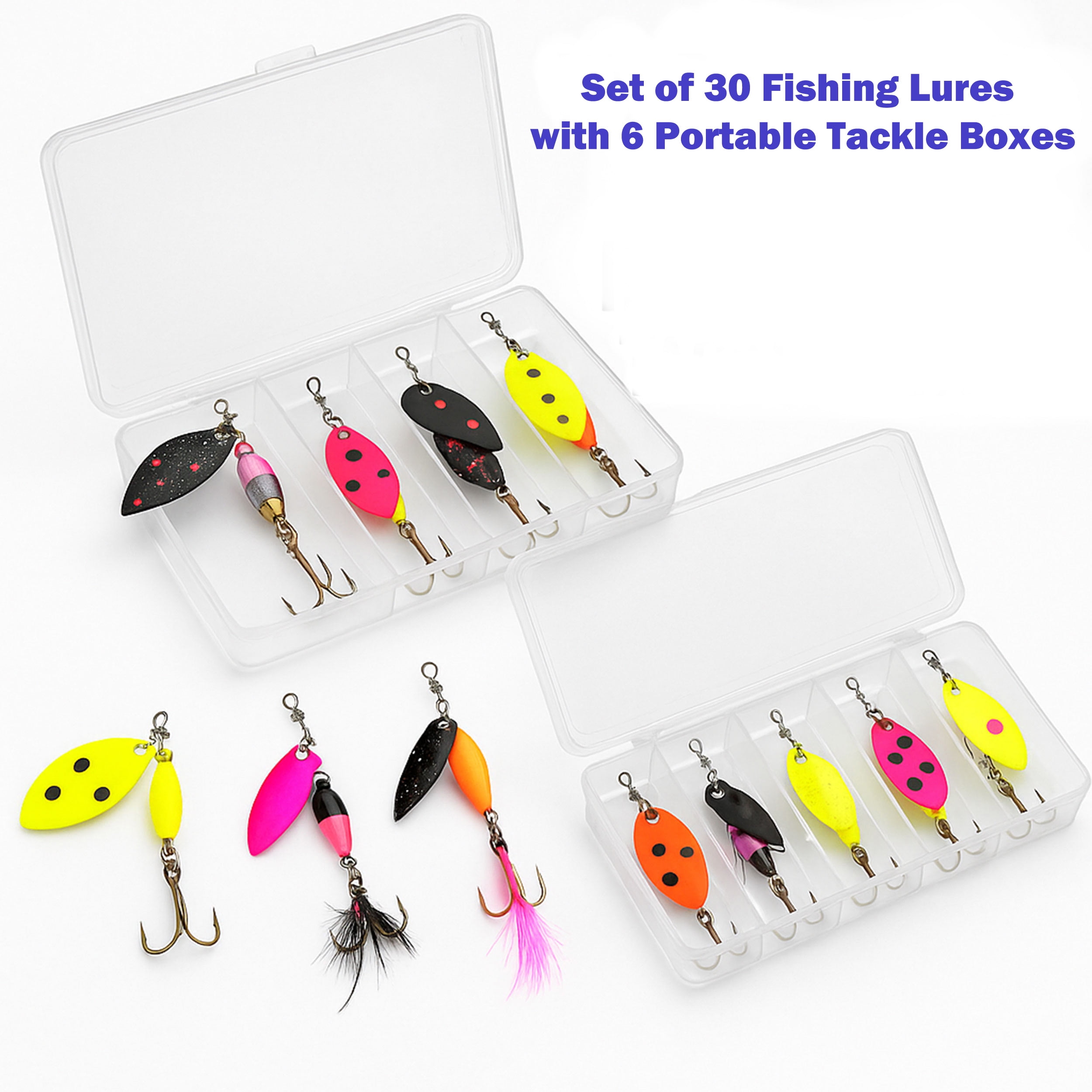 30PCS Spinnerbait Fishing Lures Set with 6 Tackle Boxes – UV Reflective Metal Blades for Bass, Trout, Salmon, and More – Freshwater & Saltwater Fishing Kit