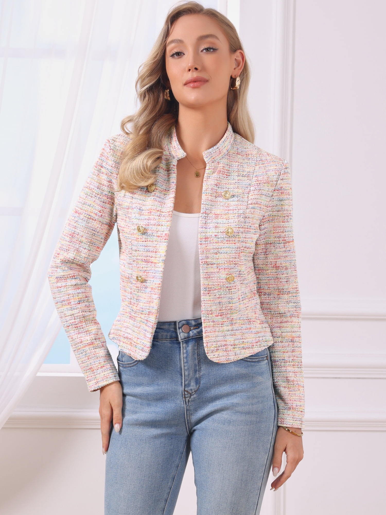 DARING DIVA Women's Elegant Plaid Tweed Blazer Band Collar Jacket XL Multicolor