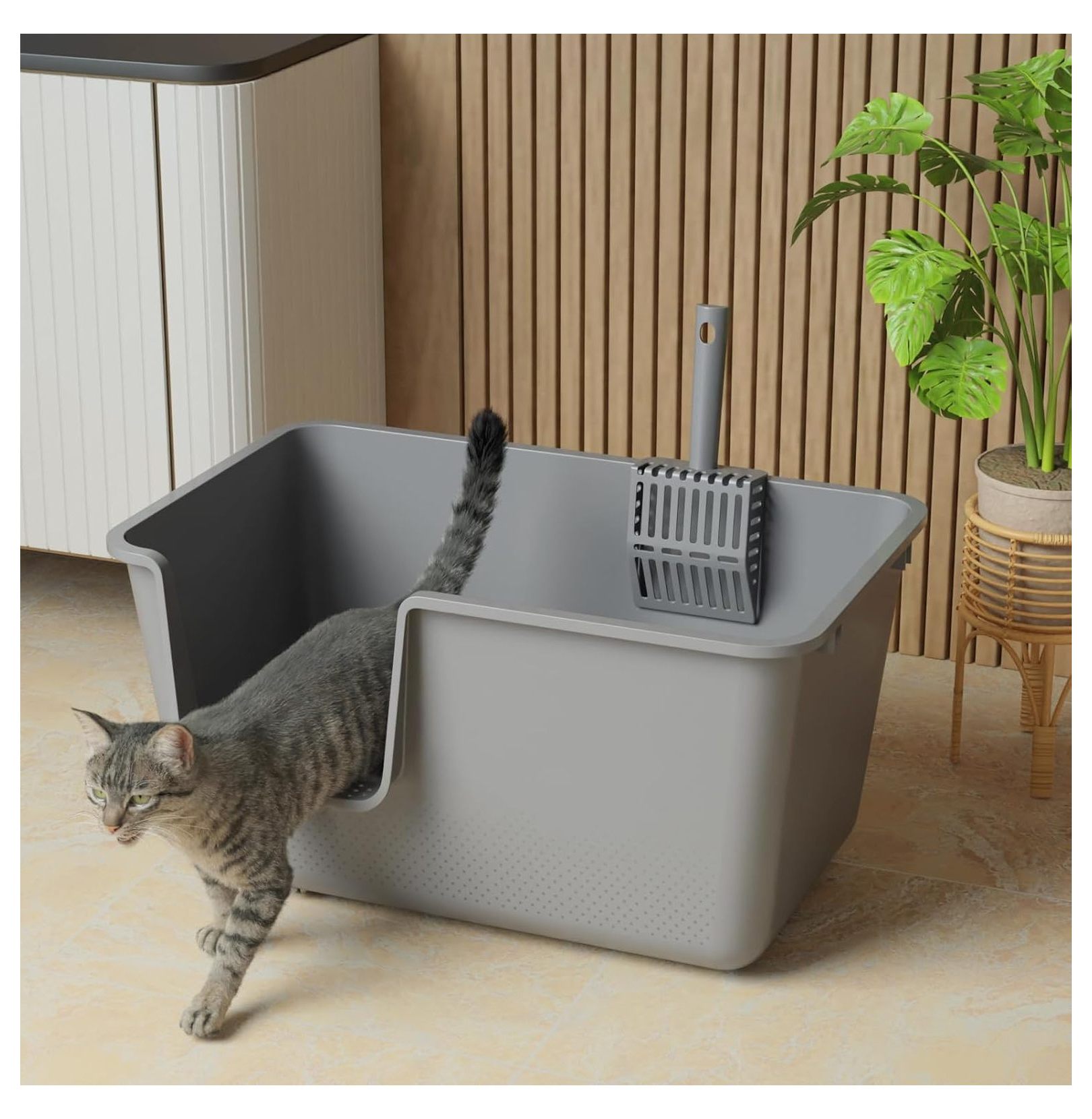 4-Pack Cat Litter Box with High Sides and , Plastic Open Litter Box, Gray