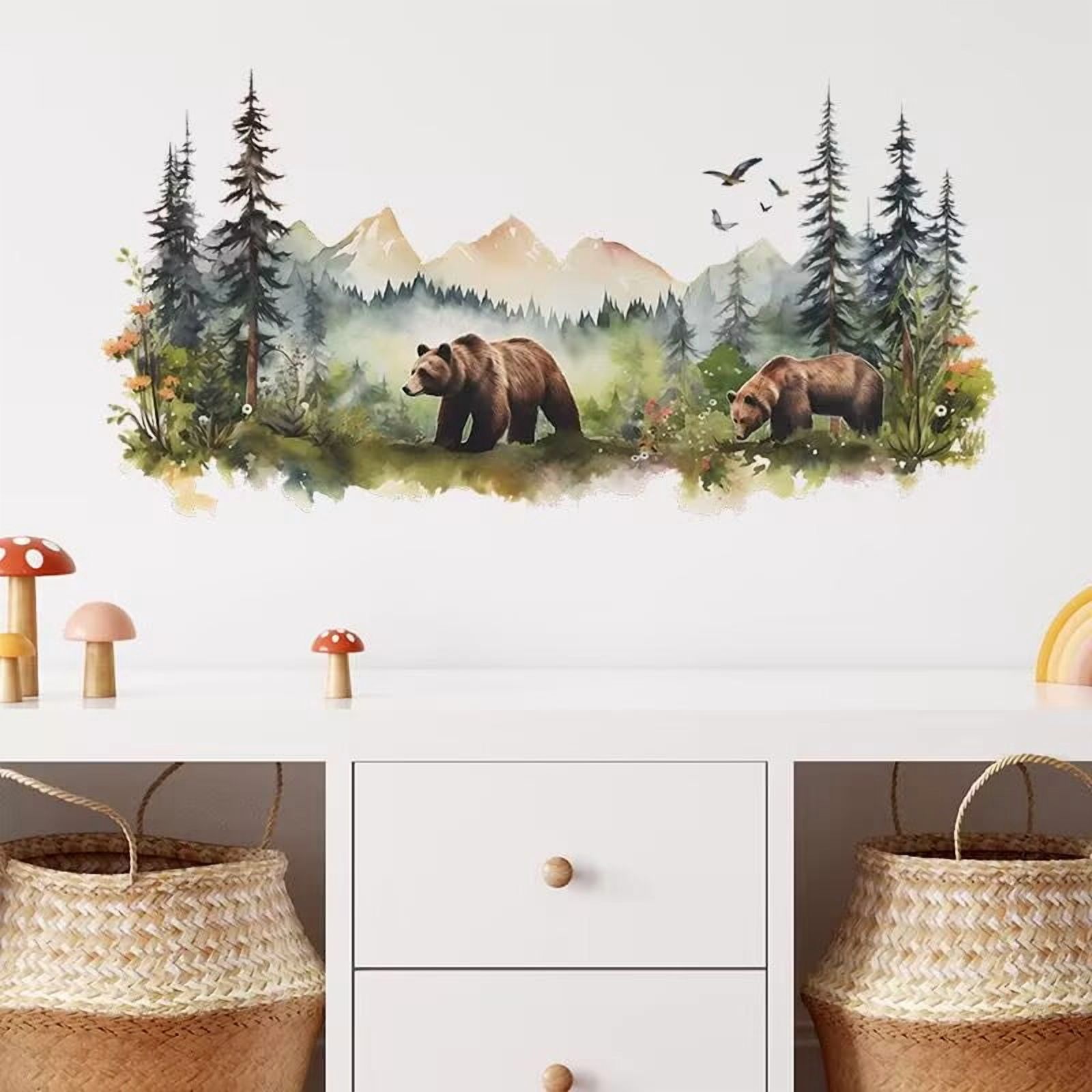 Large Jungle Animals Forest Tree Wall Decal - Peel and Stick Woodland Bear Fox Deer Stickers - Giant Mountain Art for Bedroom Nursery Room