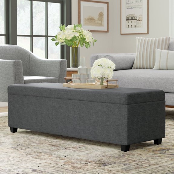 Avalon 54 inch Wide Contemporary Extra Large Storage Ottoman Bench in Slate Grey Polyester Linen Fabric