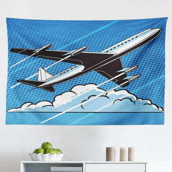 Airport Tapestry, Retro Style Pop Art Graphic of Airplane with Propeller and Bon Voyage Typography, Fabric Wall Hanging Decor for Bedroom Living Room Dorm, 2 Sizes, Multicolor, by Ambesonne
