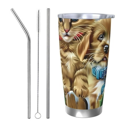 

Fuzoiu Christmas Kitten Puppy Print 20oz Tumbler Stainless Steel Vacuum Insulated Car Cup Insulated Coffee Mug Travel Mug with Lid Thermal Cup for Outdoor-Straw Three-piece Set