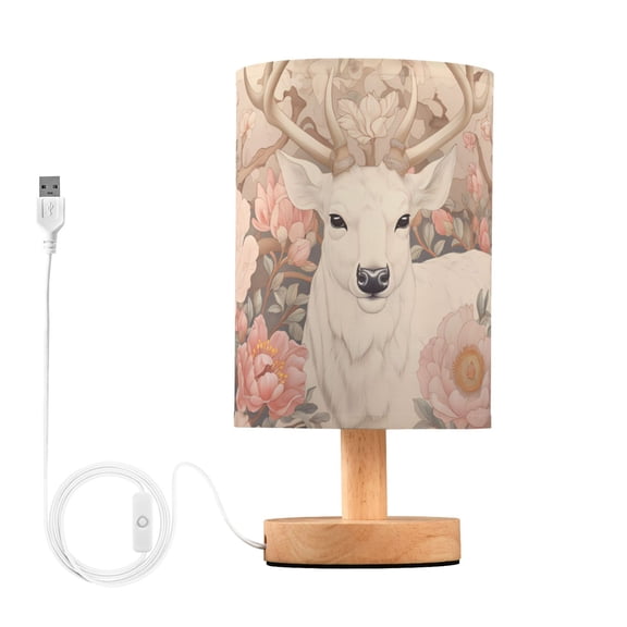 Deer Flowers Floral Pink Table Lamp USB Bedside Desk Nightstand Lamp Printed Gifts Small Lamp Wood Base for Bedroom Living Room Kids Room College Dorm