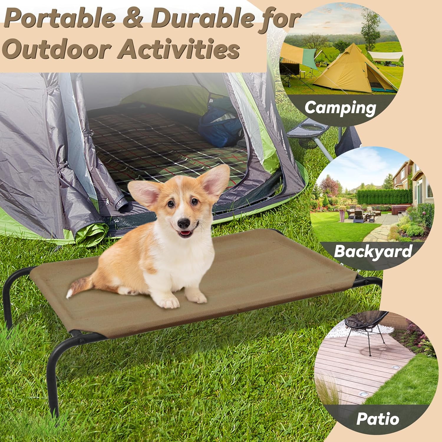 PHYEX Cooling Dog Bed Small, Raised Elevated Pet Bed for Indoor Outdoor, 33" L x 19" W x 7.5" H, Brown