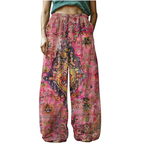 Simua Baggy Pants for Women Boho Floral Print Elastic Waist Wide Leg Casual Trouser with Pockets