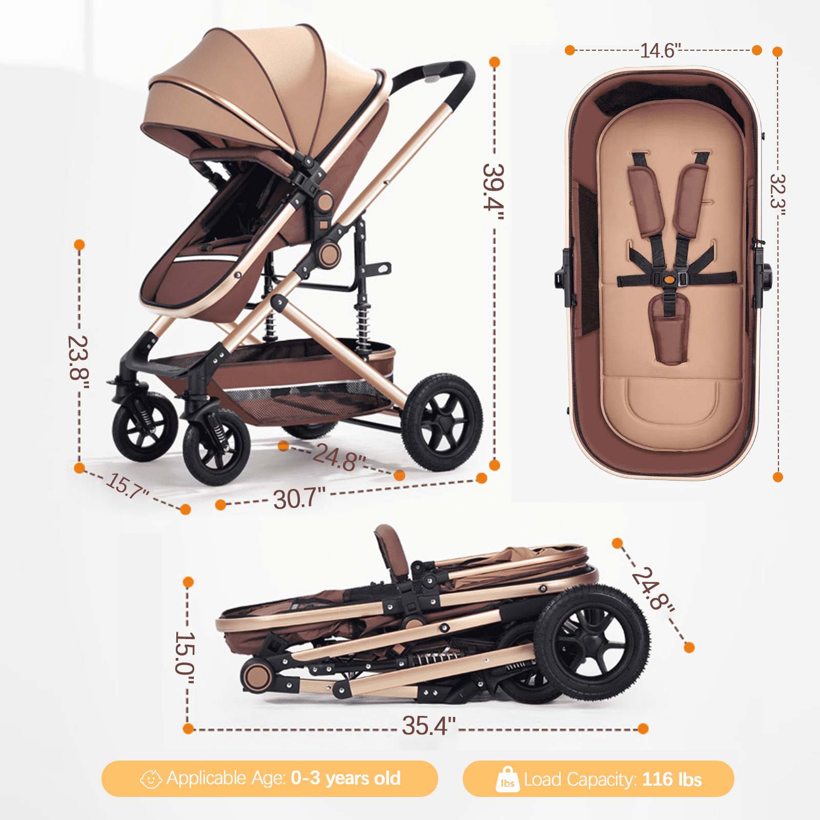 OEIKPFN Baby Stroller, Foldable Baby Stroller Reversible Bassinet, Travel Stroller for Newborn, Khaki
