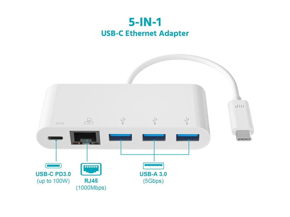 Monoprice USB-C to 3x USB-A 3.0, Gigabit Ethernet, And USB-C (F) Adapter, Compatible With USB-C Equipped Laptops, Apple Macbook and Google Chromebook