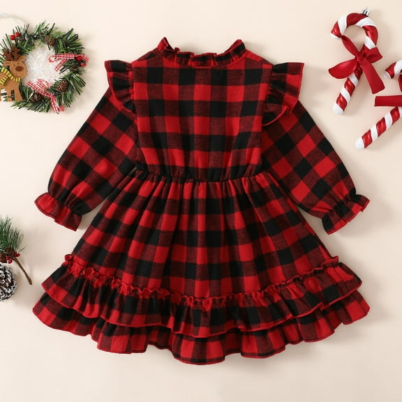 Gubotare Dresses for Girls Kids Winter Long Sleeved Black Red Plaid Dress Princess Dress Casual Skirt Outwear (Red,1-2 Years)