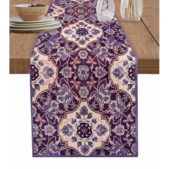 Boanket Purple Boho Table Runner - 70 Inch Long, Kitchen Dining Table Runner Dresser Scarves, Farmhouse Ethnic Abstract Floral Pattern Farmhouse Decor for Coffee Tables Wedding Party Banquet