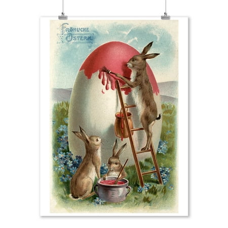 Easter Greetings in German, Rabbits Painting an Egg (9x12 Art Print, Wall Decor Travel