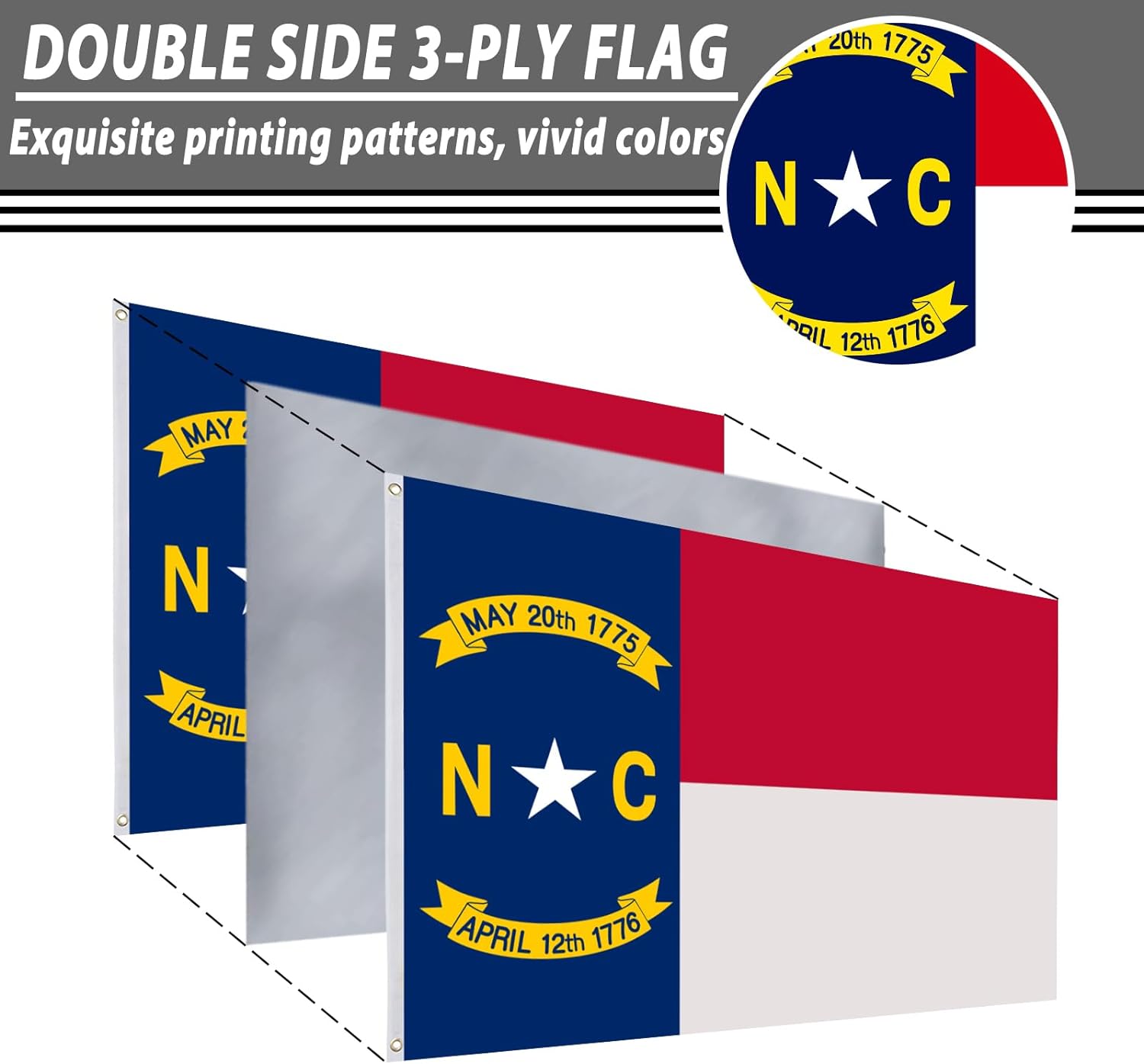 FLAGWIN North Carolina Flag 3x5 FT - 3 Ply Double Sided Polyester North Carolina State Flag with Brass Grommets - Vivid Color and Fade Proof State of NC Flag 3x5 Outdoor