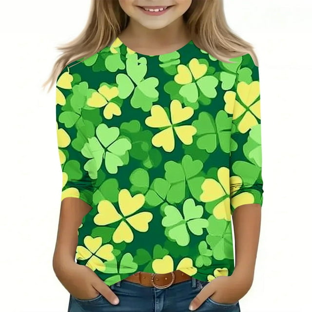 FAIWAD T-Shirts Tendance pour Garçons et Filles, Manches 3/4, Imprimé Trèfle, Chandail Unisexe, Col Rond Mignon