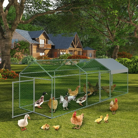 Metal Chicken Coop, 120" X40" X40" Large Chicken Run with 3 Doors, Chicken Run for Yard with Waterproof and Anti-UV Cover, Walk in Poultry Cage for Rabbit Duck Goose, Silver