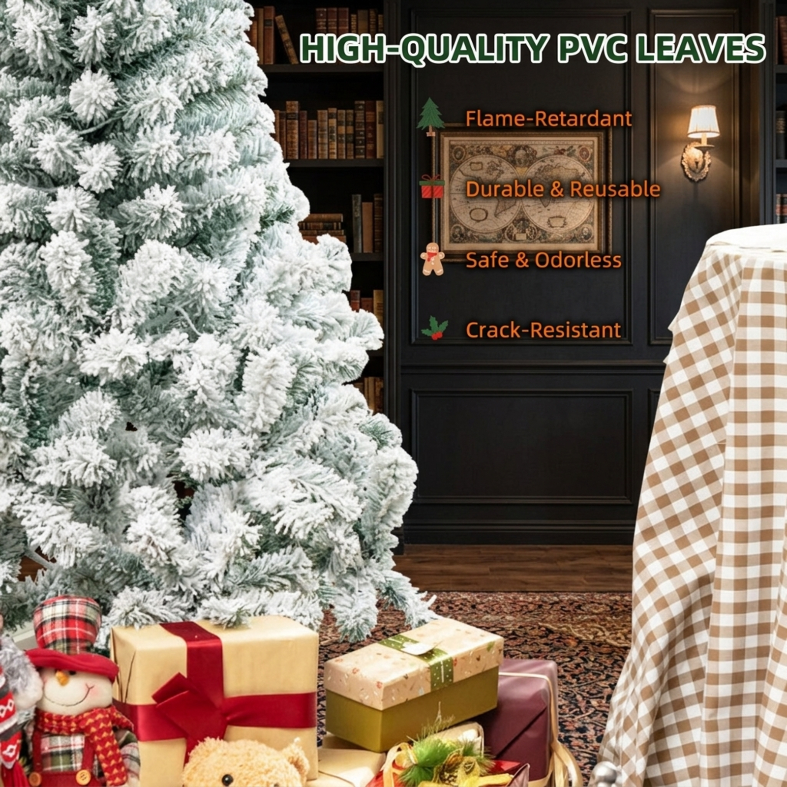 RUIE 4.5 ft Snow Flocked Christmas Tree, Pre-Lit Green White Artificial Xmas Tree with 150 LED Lights and 295 Branch Tips, Tabletop