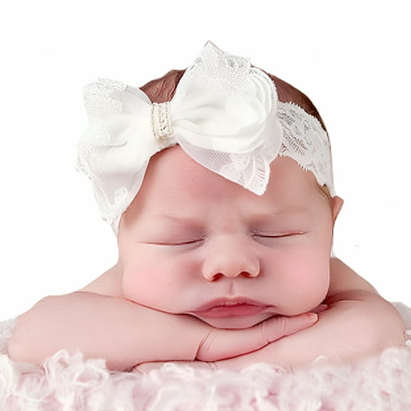 TELOLY Baby Lace Headbands Big Bows Hairbands Hair Bows Elastics for Baby Girls Newborn Infant Toddlers Kids (White)