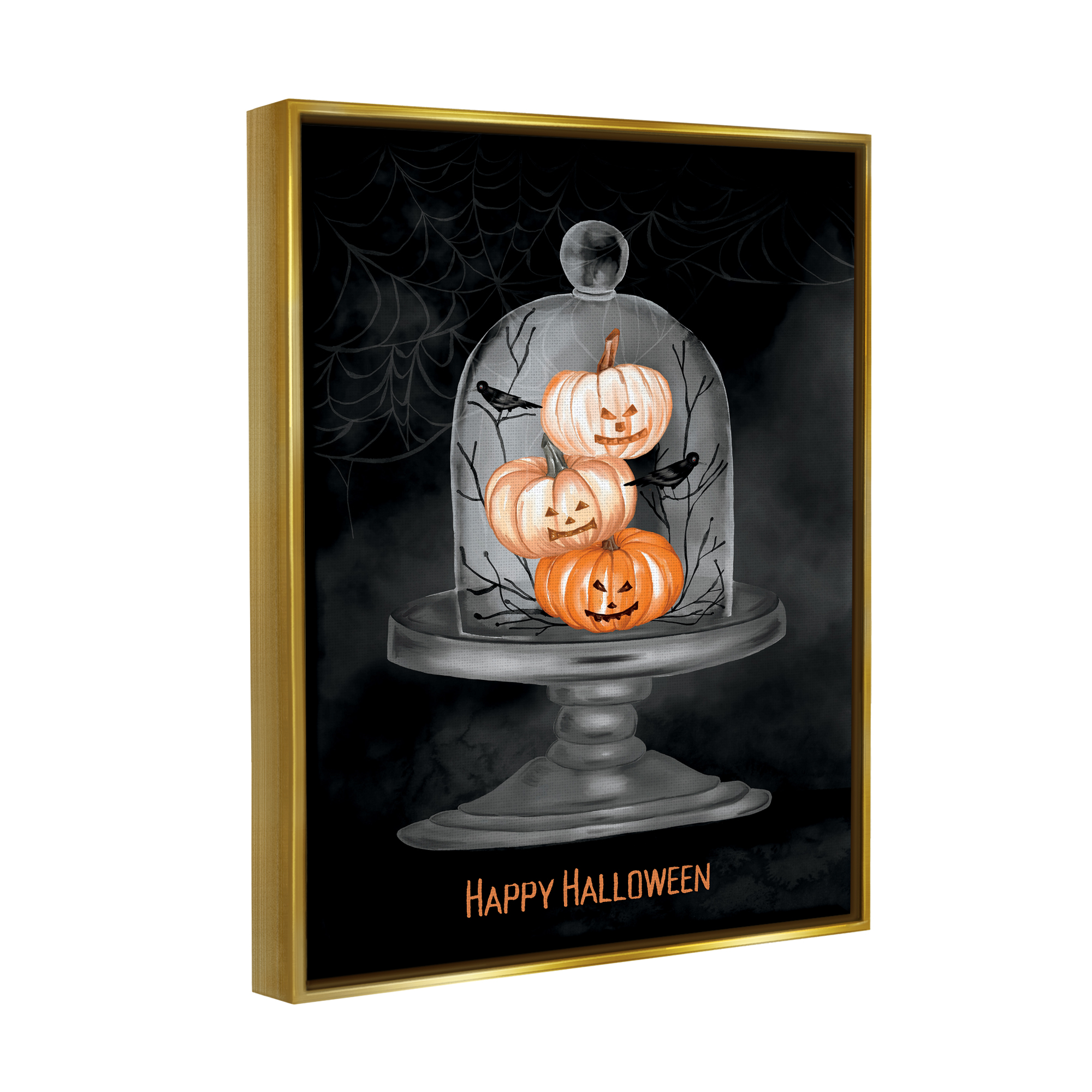 Stupell Industries Halloween Pumpkins & Crows Holiday Painting Gold Floater Framed Art Print Wall Art, 17 x 21