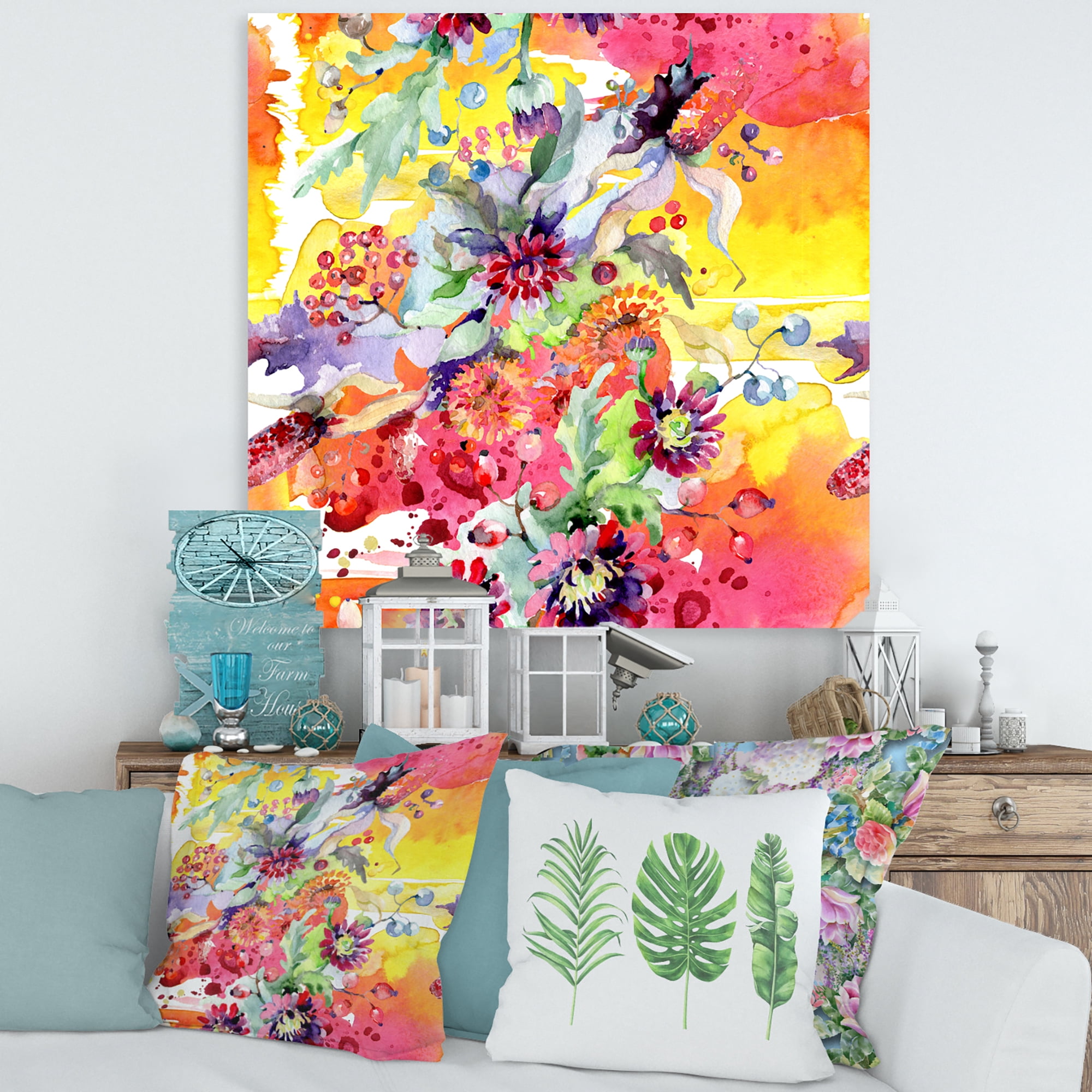 Designart ' Wildflowers and Vibrant Wild Spring Leaves ' Modern Canvas Wall Art Print