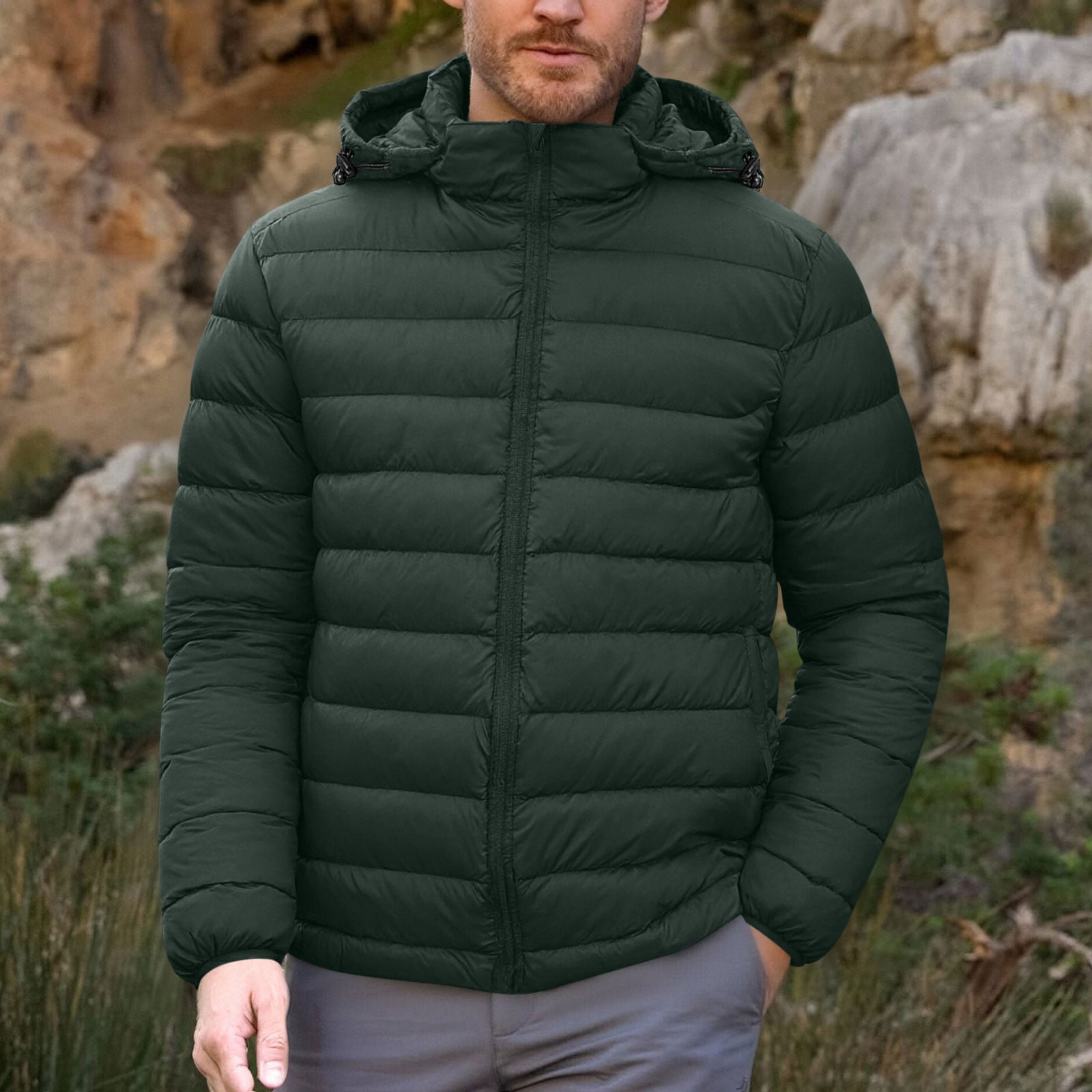 BiZtdJrK Quilted Puffer Jackets Men Zip Up Long Sleeve Casual Hoodie Jacket Warm Winter Coats with Pockets Army Green XXL