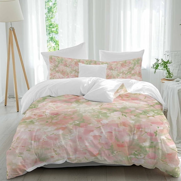 3 Piece Pink Green Flower Duvet Cover Set California King, Microfiber Comforter/Quilt Cover with Corner Ties and 2 Pillowcases, Watercolor Summer Botanical All Season Soft Bedding with Zipper Closure