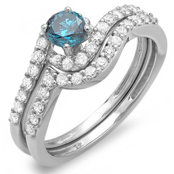 Dazzlingrock Collection 0.85 Carat (ctw) 14k Round Blue And White Diamond Ladies Swirl Bridal Engagement Ring Matching Band Set, White Gold