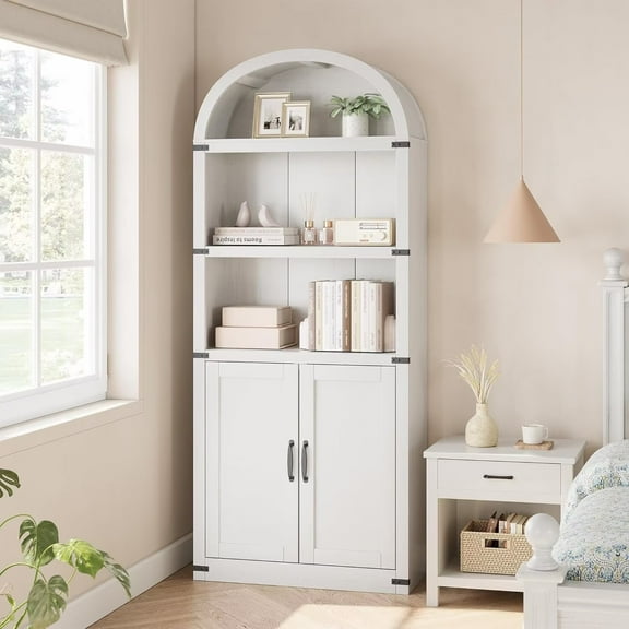 71.7" Tall Arched Bookshelf with Doors, 5-Tier Arched Cabinet, Modern Farmhouse Bookcase with Open Display Storage Shelf for Home Office Living Room