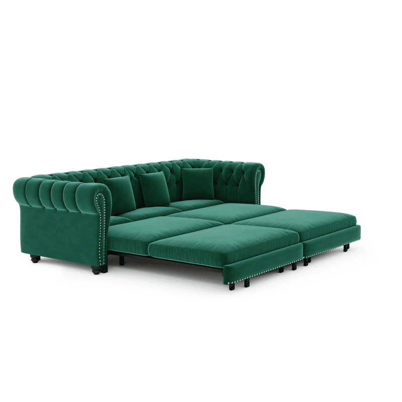 3-in-1 Pull-Out Sofa Bed, 89'' Chesterfield Sofa, Convertible Sleeper Sofa Bed, King Size Sofa Bed, Chaise Lounge, Tufted Design Velvet 3-Seater Sofa with Movable Ottoman