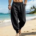 thumbnail image 2 of Men's Loose Linen Drawstring Belted Pants Trousers Joggers Relaxed Fit Elastic Waist Straight Leg Button Closure Lightweight Breathable Quick Dry Casual Daily Gym Workout Running, 2 of 9
