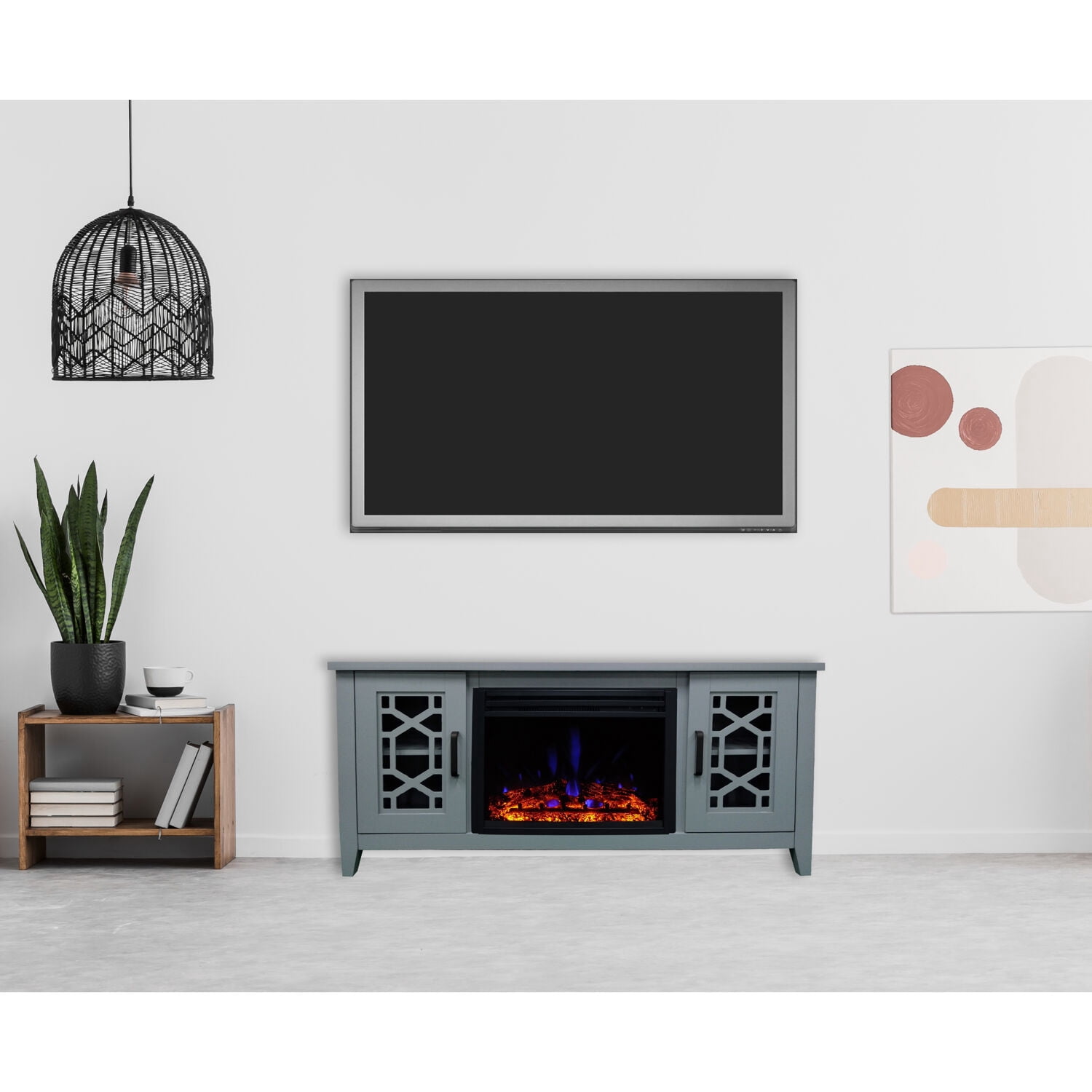 Hanover 56-in. Arcadia Mid-Century Modern Electric Fireplace Heater with Multi-color Deep Log Insert, Slate Blue
