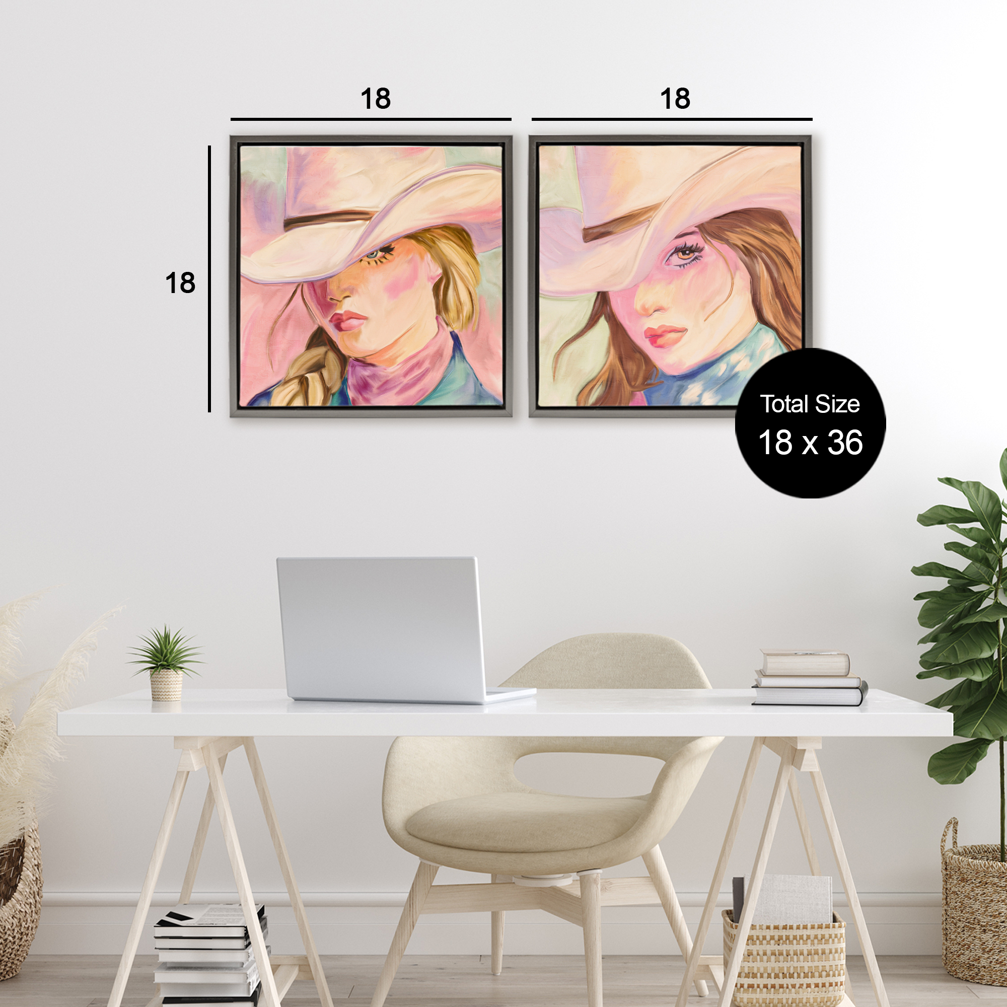 Pastel Cowgirls Gazing 2 Piece Gray Framed Floater Canvas Set, design by Kim Allen