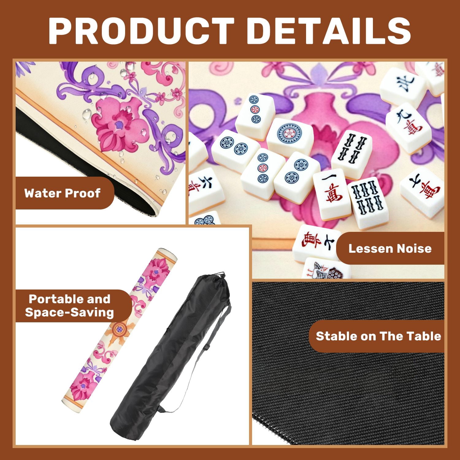Mahjong Mat 31.5" x 31.5" Floral Mandala Purple Pink Ornaments Beige Non-Slip Noise Reduction American Mahjong Tiles Table Cover for Dominoes Poker Card Board Games Gift