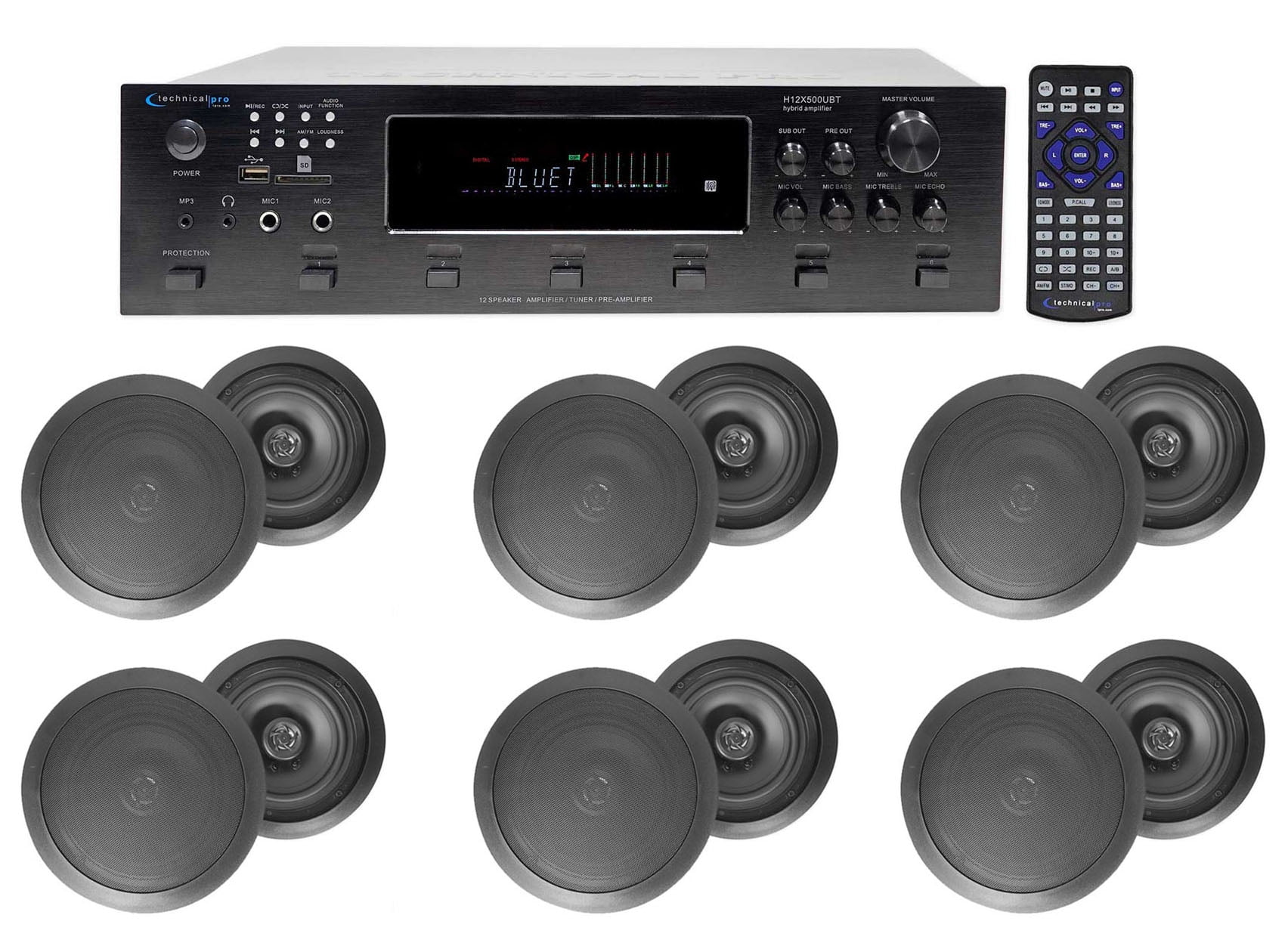 6000w (6) Zone Home Theater Bluetooth Receiver+(12) Black 8" Ceiling