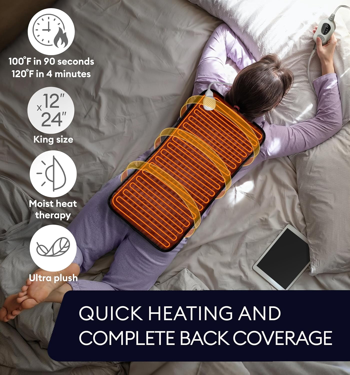 Geniani Electric Heating Pad for Back Pain & Cramps Relief, Heat Pad with 6 Heat Settings & 4 Timer Presets, Auto Shut Off, Machine Washable, Ultra Soft Hot Pad, (12"x24", Jet Black)