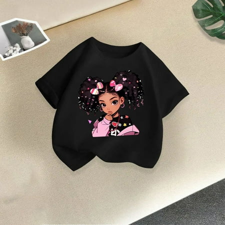 BLTIBY Toddler Girls Boys T-shirt Summer Round Neck Printed Short Sleeve Tee Kids Loose Fashion Casual Pullover Top 2025 Black 5-6 Years