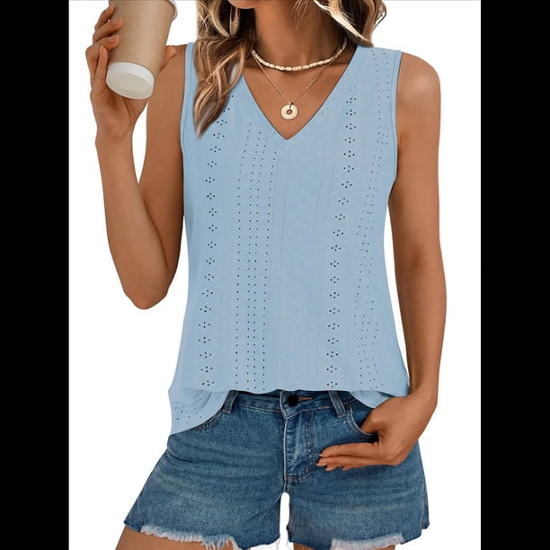 Camiseta de Tirantes de Verano para Mujer, con Bordado de Ojales, Sin Mangas, Cuello en V, Holgada, Informal, 2025 Azul XXL
