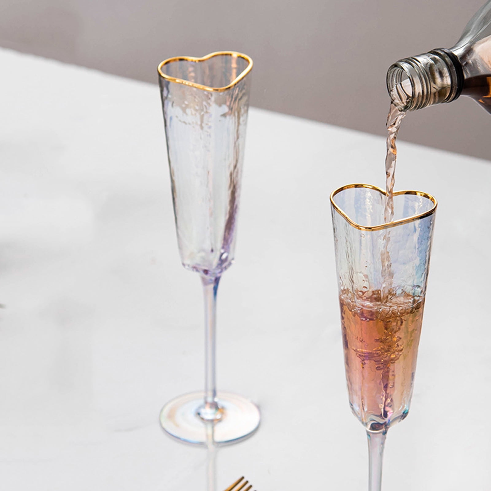 1Pair Elegant Heart Shape Champagne Flute Goblet Gold Rimmed High Stem Glass Cup Wine Drinking Glass for Parties