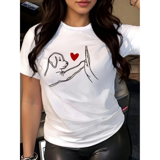 Women's Black Cartoon Dog & Heart Print T-Shirt - Casual Round Neck Short Sleeve Top, Polyester Blend, Machine Washable, Summer Sleepwear, Casual Wear|Playful Graphic Tee|Machine Washable Top